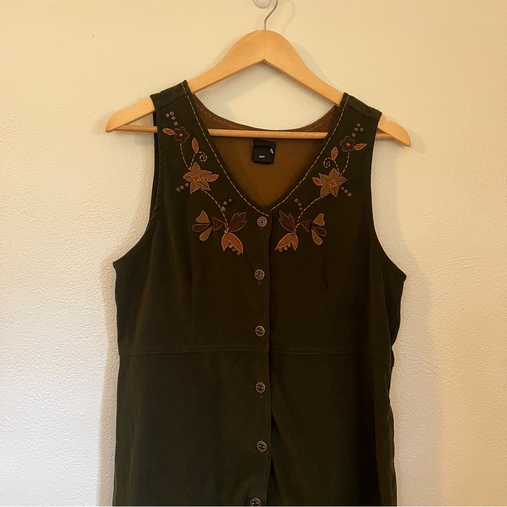 Vintage Erika Olive Green Embroidered Dress|Size Medium|Cottage Core|Velvet|Boho